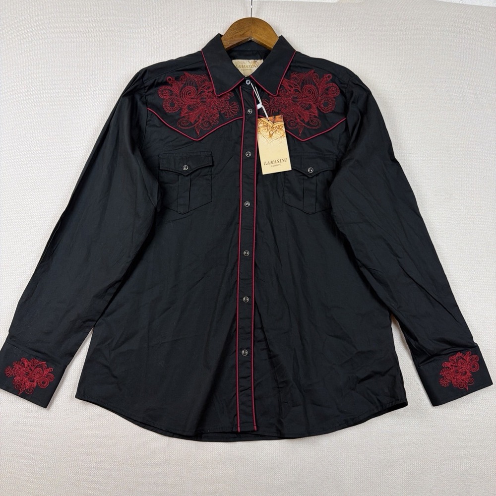 Lamasini Western Pearl Snap Shirt Men XL Black NWT Rodeo Embroidery Yolk & Cuff